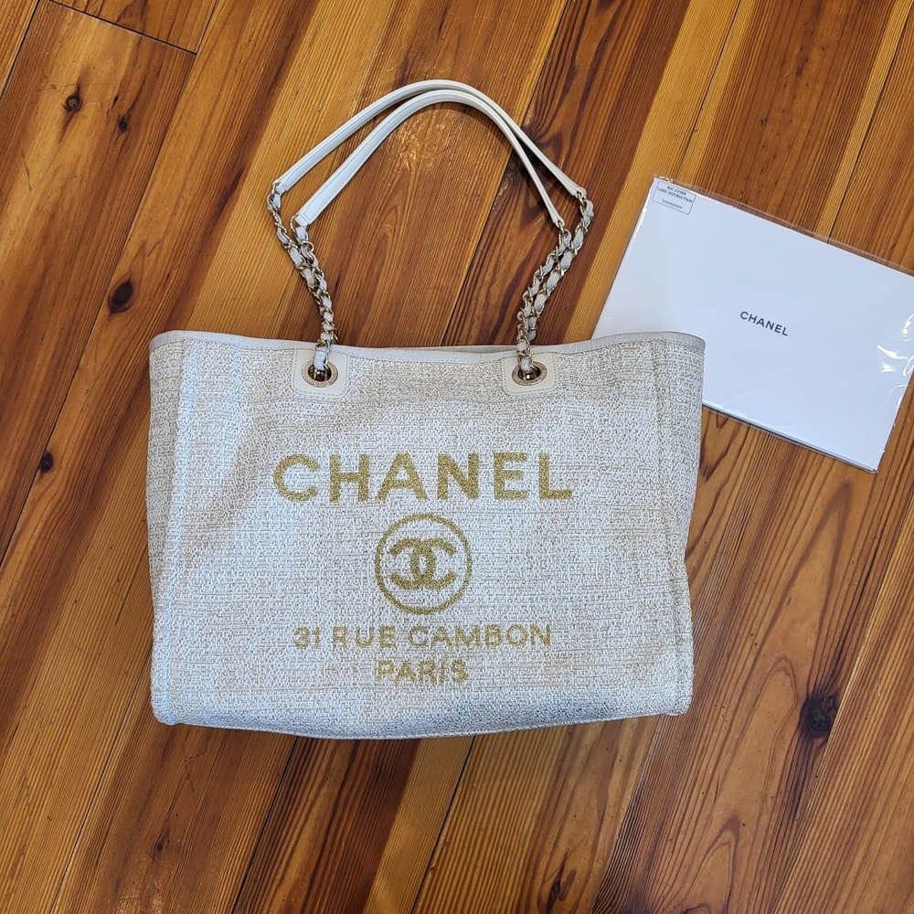 Chanel Lurex Boucle Small Deauville Tote Bag Ivory Gold 31 Rue Cambon 27202807 - Picture 3 of 16